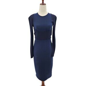 Burberry London Silk Navy Blue Long Sleeve Sheath Pencil Dress Womens 2